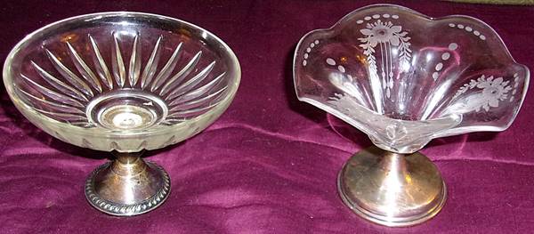 Antique Pair Sterling Silver Depression Glass Ornate Footed Compotes 1