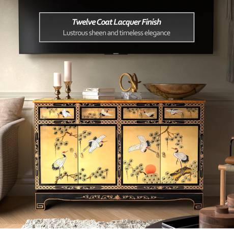 Red Lantern Artisan Crafted Gold Lacquer Sideboard - Cranes 1