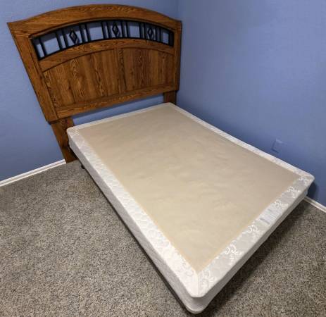 Full-Size Bed Frame with Box Spring and Solid Oak Headboard 1