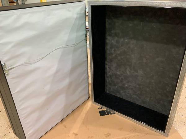 Displays Black Lined Interior w/Hangers for Wall, upright, flat use 1