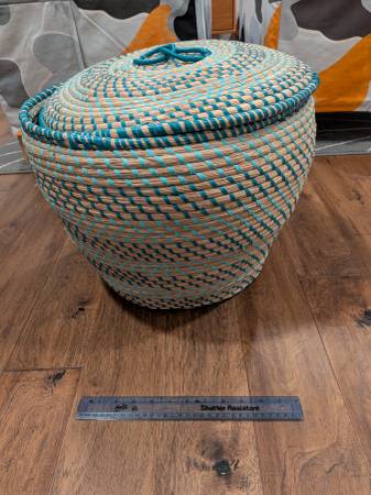 round decorative woven storage basket - blue-green, 18"x14" 1