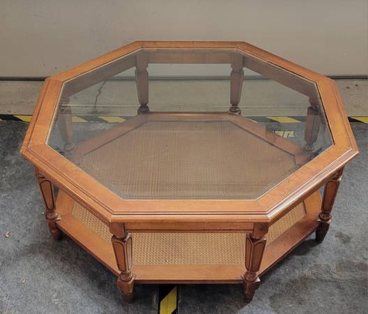 Octagon Glass Top Coffee Table Wicker Bottom 1