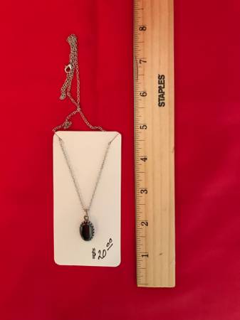 Black Marcasite stone pendant and silver chain necklace. 1