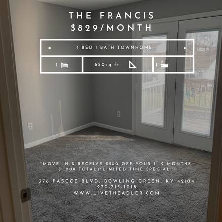 $829 / 1br - 650ft2 - The Francis $829/month * Move in today & receive $500 OFF 1st 2 months (Bowling Green)64018298137474120