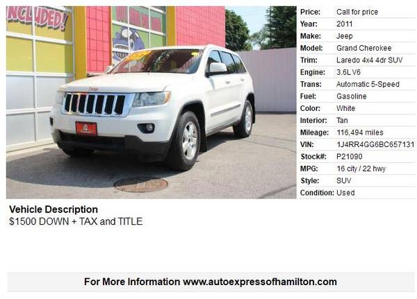2011 Jeep Grand Cherokee Laredo $1500 de enganche + impuestos, compre aquí / pague aquí - $1,500 (Hamilton)63470599574913121