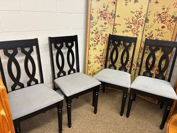 Four (4) Black dining chairs with gray upholstered seats 1