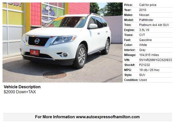 2016 Nissan Pathfinder Platinum 4x4 $2000 DOWN + TAX, BUY HERE / PAY H - $2,000 (Hamilton)63470601121155121