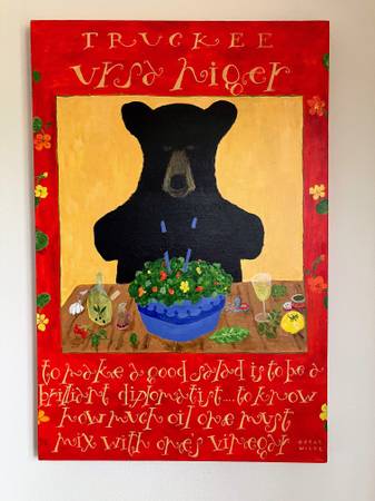 Whimsical Canvas Wrapped Painted BEAR Prepping salad Oscar Wilde Quote 1