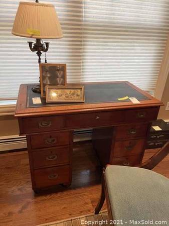 Antique Campaign style wood captain’s desk with inlaid leather. 1