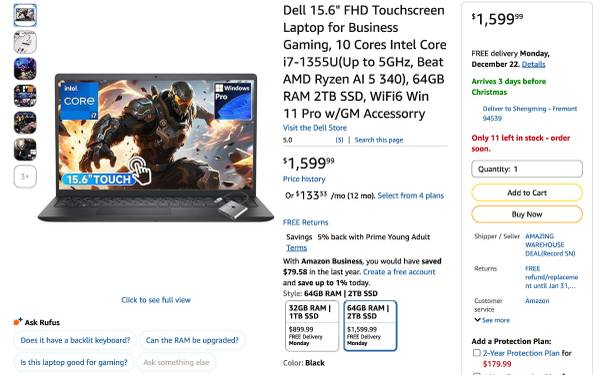 Dell Touchscreen Gaming Laptop, I7-1355U, 64G Ram, 2TB SSD 1