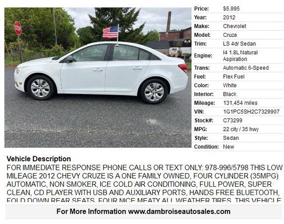 2012 Chevrolet Cruze LS 4dr Sedan, 1 DUEÑO, POCAS MILLAS! - $5,995 (LOWELL, MA 978-996-5798)63615747387651121