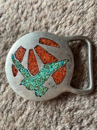 Vintage Pewter belt buckle crushed turquoise and red coral 1