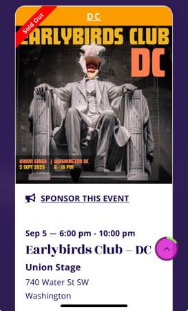 one ticket for Early Birds dance event @ Union Stage on Sept. 5 1