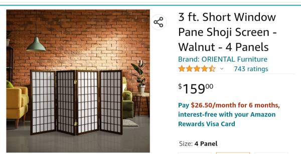 NEW 3 ft. tall X 6 ft long Folding Screen 4 Panel sell $75 cost $159 1