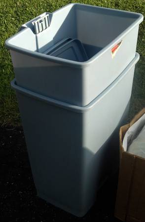2 matching light blue kitchen trash containers with flip lid 1