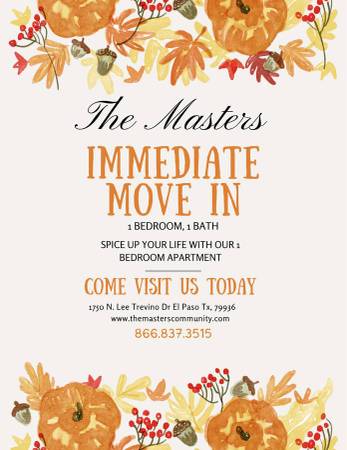 FALL IN LOVE AT THE MASTERS COMMUNITY 1BED/BATH FOR IMMEDIATE  MOVE IN 1