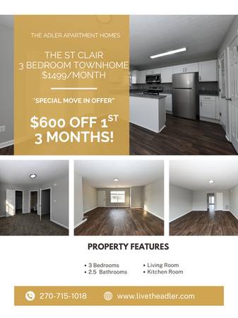 $1,499 / 3br - 1200ft2 - 3 bedroom townhome at The Adler $1499! $600 OFF 1st 3 months! (Bowling Green)64018297934594120