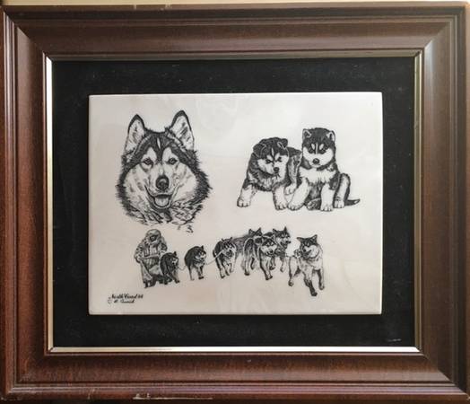 VINTAGE HUSKIES DOG SLED ETCHED / SCRIMSHAW ON ALABASTER BY B. AUNICK 1