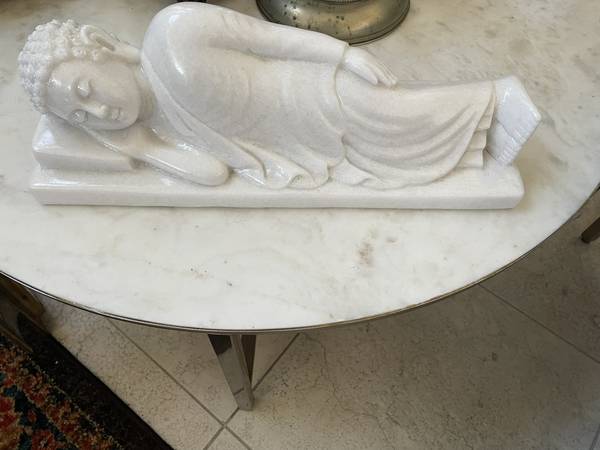 Asian Hand-Carved Reclining Buddha on Plinth – White Marble 1