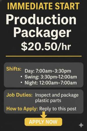 Burlingame - Immediate Start – Warehouse Production Packager – $20.50 1