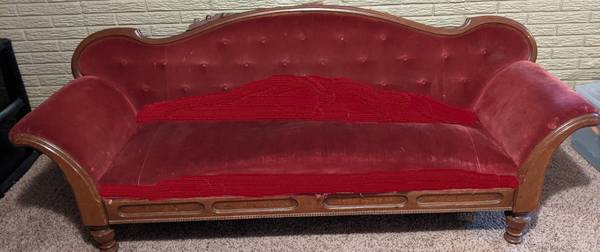 antique 1800's sofa red velour button back 1