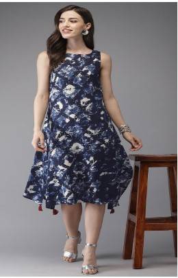 Anouk Women Blue & White Printed Asymmetric A-Line Fusion Kurta 1