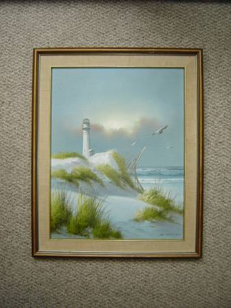 Framed H. (Howard) Gailey Seascape Painting Ocean Lighthouse Seagulls 1