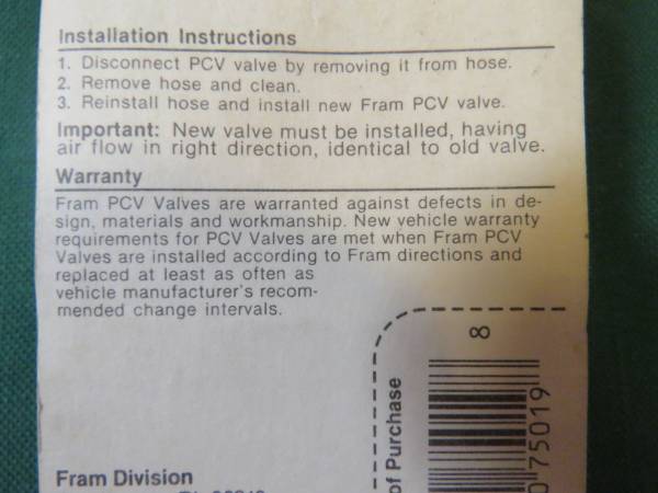 NEW FRAM PCV VALUE #FV-156 - $8 (fairfield / vacaville)63471319955841123
