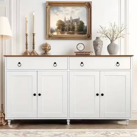 White 2-Drawer Buffet Sideboard 55" with 4 Doors and Wood Top 1