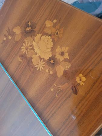 Coffee table excellent condition,  glass top and intricate inlay 1