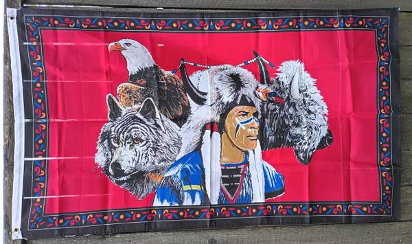 NATIVE AMERICAN w/ EAGLE & WOLF 60”x36 POLYESTER FLAG w/ BRASS EYELETS 1