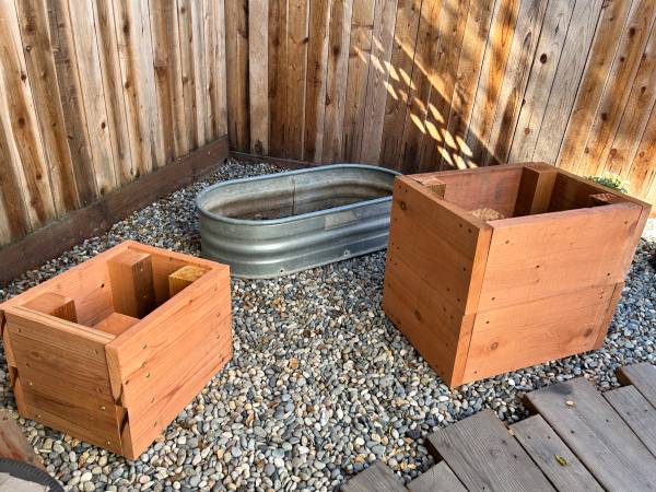 (2) Small Redwood Planter Boxes, and (1) 4' Galvanized Round End Tank 1