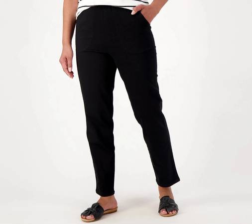 Women Black Denim Elastic Waist Pants Casual Stretch Pockets L 1