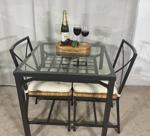 Compact Glass & Iron Dining Table With 2 Seagrass Chairs IKEA Granas 1