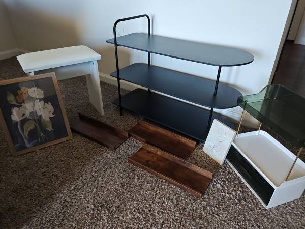 3 tier shoe rack, vanity stool, makeup storage, 3 shelves, 2 pictures 1