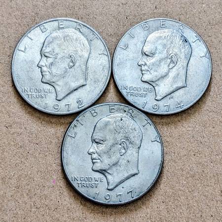 Three (3) assorted 1971-1978 Eisenhower IKE large one dollar $1 coins 1