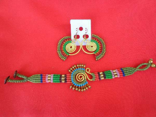 Bracelet and earring handmade knitting with brass bead and wax sting 1