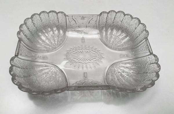 ANTIQUE PRESSED GLASS "SHELL & TASSEL" CONDIMENT DISH 1