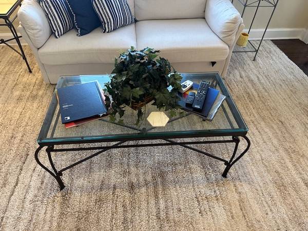 Small loveseat and Glass Top Wrought  Iron Tables w Area Rug 1