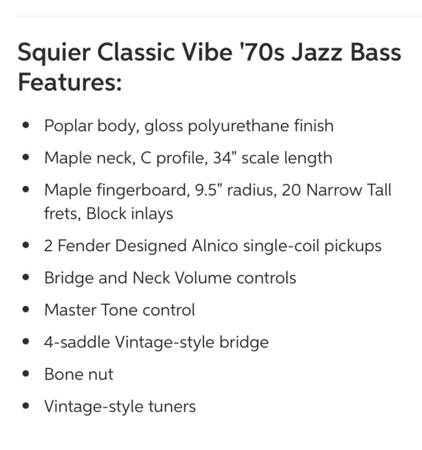 Fender squier classic vibe 70s jazz bass - $350 (Fremont)63471458824833123