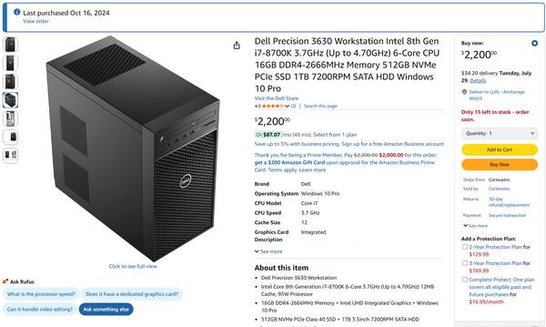 Dell Precision 3630 Workstation w/i7 16G 512G 1T Win11 1