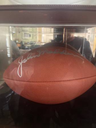 John Madden autographed NFL football w/glass display 1