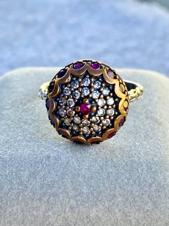 Turkish Ruby & Crystal Sterling Silver Ring 1