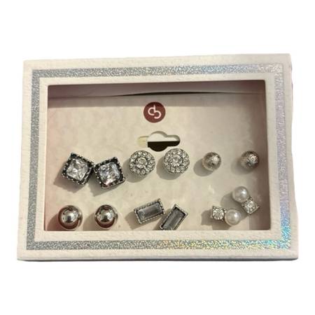 6-Pair Silver-Tone Elegant Stud Earrings Set With Rhinestones & Pearls 1
