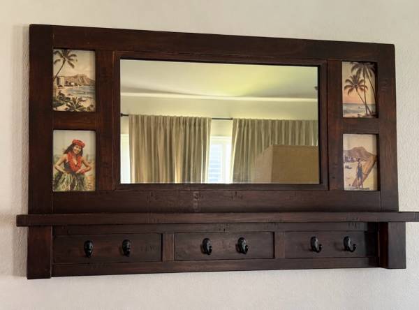 Rustic Dark Wood Entryway Mirror with Shelf & Coat Hooks – Pottery Barn Style 1