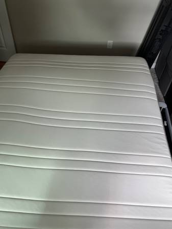 Upholstered Queen head board, frame and mattress 1