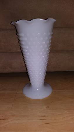 3 VINTAGE WHITE MILK GLASS HOBNAIL RUFFLED TRUMPET VASE 9 1/2" 1