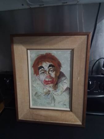 Vintage Signed Melancholy Clown Portrait OOC 16x20" 1