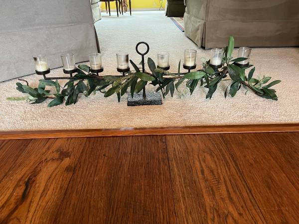 WROUGHT IRON TABLE CANDELABRA WITH EUCALYPTUS AND VOTIVES 4’ LONG 1