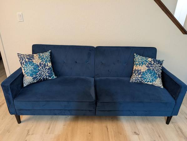 Velvet couch (folds down for bed). 1 year old, in good condition. 1